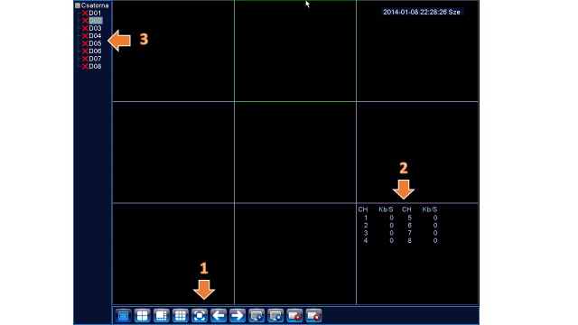 5. ELŐNÉZET Alapképernyő 1. Vezérlő gombok 2. Csatorna tulajdonságok 3. Csatorna állapot Az alapképernyő kamerakép elosztása függ a rögzítő típusától és a választott csatorna elosztástól.