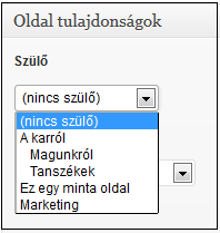 Ábra. Új oldal létrehozása Az új oldal esetén lehetőség van a szülő oldal beállítására a jobb oldalon található Oldal tulajdonságoknál. Ez a menü pontok kialakításánál lehet hasznos. Ábra.