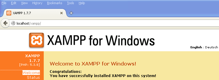 1.Ábra. Az XAMPP program kezelő felülete (Control Panel) A kiszolgáló működésének ellenőrzése: Töltsük be a webböngészőbe a http://localhost címet.