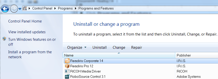 1. fejezet: Telepítés és bekapcsolás READIRIS ELTÁVOLÍTÁSA Amennyiben el szeretné távolítani a Readirist a számítógépéről, kövesse az alábbi eljárást. Az alkalmazás eltávolítása: Zárja be a Readirist.