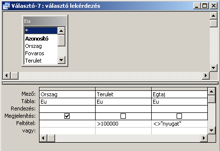 7. Készítsen választó lekérdezést, amely kiválogatja a 100000 feletti területű országokat (jelenítse is meg ezt), de zárja
