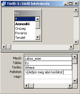 3. Készítsen paraméteres törlő lekérdezést, amely törli az Eu táblából azokat a rekordokat, melyek lakossága egy magadott érték fölött van!