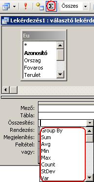 Összesítés és csoportosítás a lekérdezésekben Összesítésre és csoportosításra több lehetőségünk van az Accesben. Azonban ehhez is át kell alakítani a lekérdezés. Ehhez a Σ ikont használjuk.