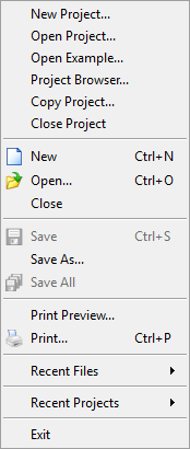Szoftveres fejlesztőkörnyezet 6.2.2... File menü 6.2.2... ábra: Fájl menü New Project...: Új projekt létrehozása Open Project...: Projekt megnyitása Open Eample.