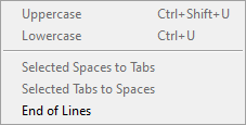 Szoftveres fejlesztőkörnyezet Uppercase: Kijelölt karakterek nagybetűvé alakítása Lowercase: Kijelölt karakterek nagybetűvé alakítása Selected spaces to Tabs: Kijelölt szóközök tabulátorra alakítása