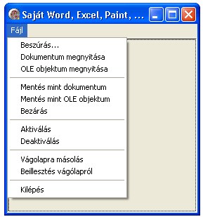 Az alkalmazásunk indításakor egy OleContainer-t és egy MainMenu-t fog tartalmazni. Ennek a MainMenu komponensnek csak egy főmenüpontja lesz, a File.