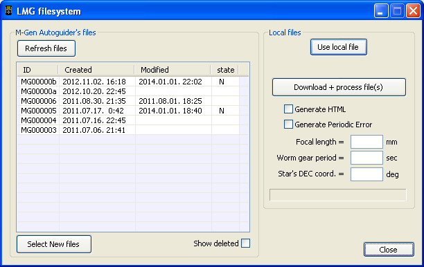 2.2 Autoguider-fájlok kezelése A "File control" gombbal érhető el a főablakból. Az alábbi jelenik meg. Bal oldalon a készülékben tárolt fájlok listája látható.