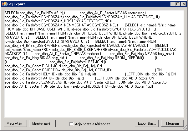 ADATKOZLO FAJ_ID CON_ID GYUJTO_2 MODSZER_ID VNER_KOD_ID EGYEB_KOD_ID 4.4.1.3 FAJOK SHP-BEN A funkció az File->Export->Fajok SHP-ben menüpontból érhető el.