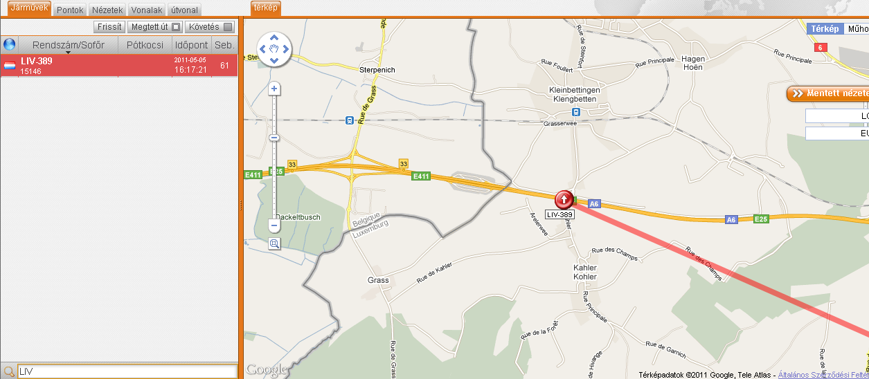 Az utolsó üzenet: 2011-05-05 10:52:56 Sebesség: = 0km/h Amennyiben a jármű mozgásban van, a sebesség oszlopban a pillanatnyi sebesség értéke látható.