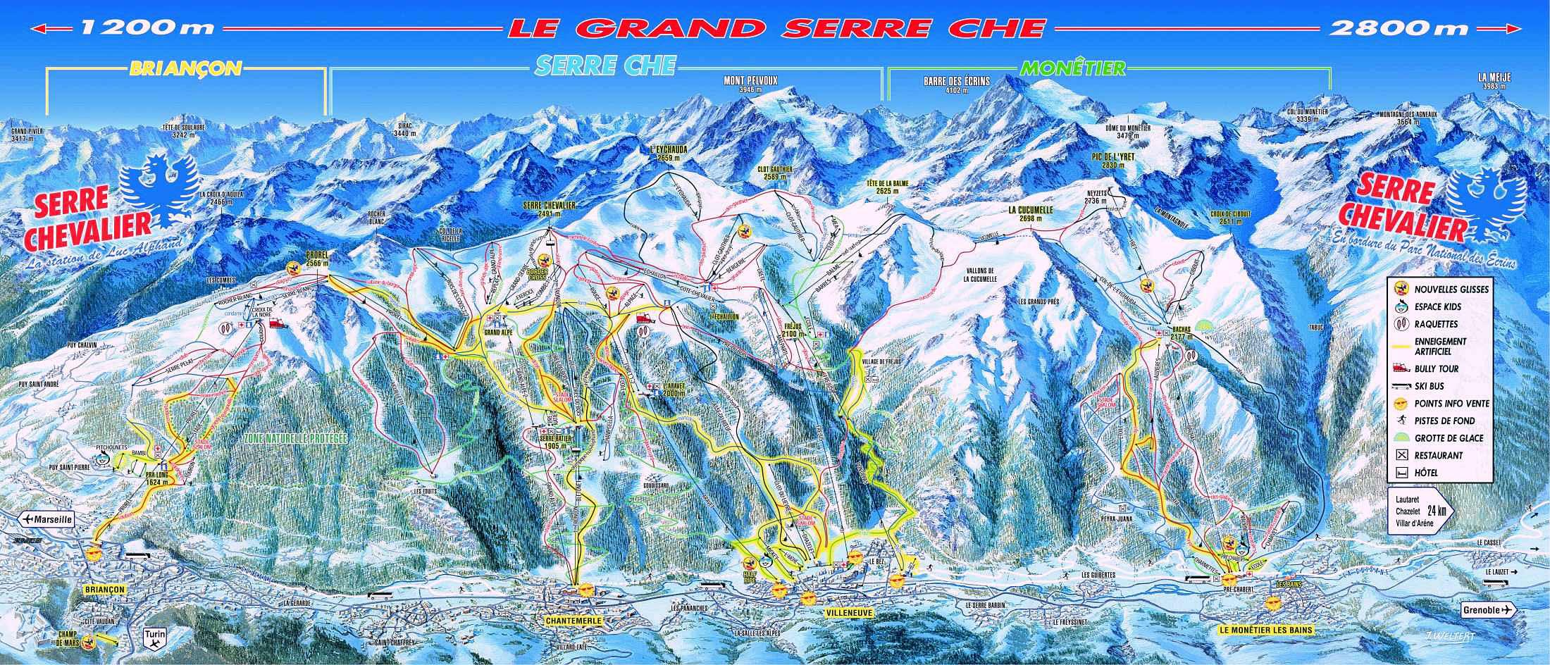 SERRE CHEVALIER 1200-2830 m, 250 km összefüggő pályarendszer Pályaadatok: 2