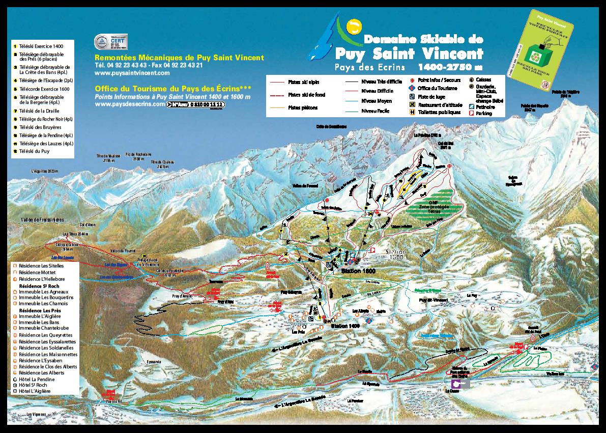 PUY ST.VINCENT 1400-2700 m 78 km pályarendszer Pályaadatok: 6 ülőlift, 6 húzólift. 3 fekete, 9 piros, 11 kék, 6 zöld pálya.