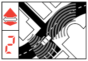 Ismert úton haladva, egy zavarforrás mellé áll a mérőautó. Az előre mutató nyíl felvillan, a forrásszámláló "2"-t mutat.