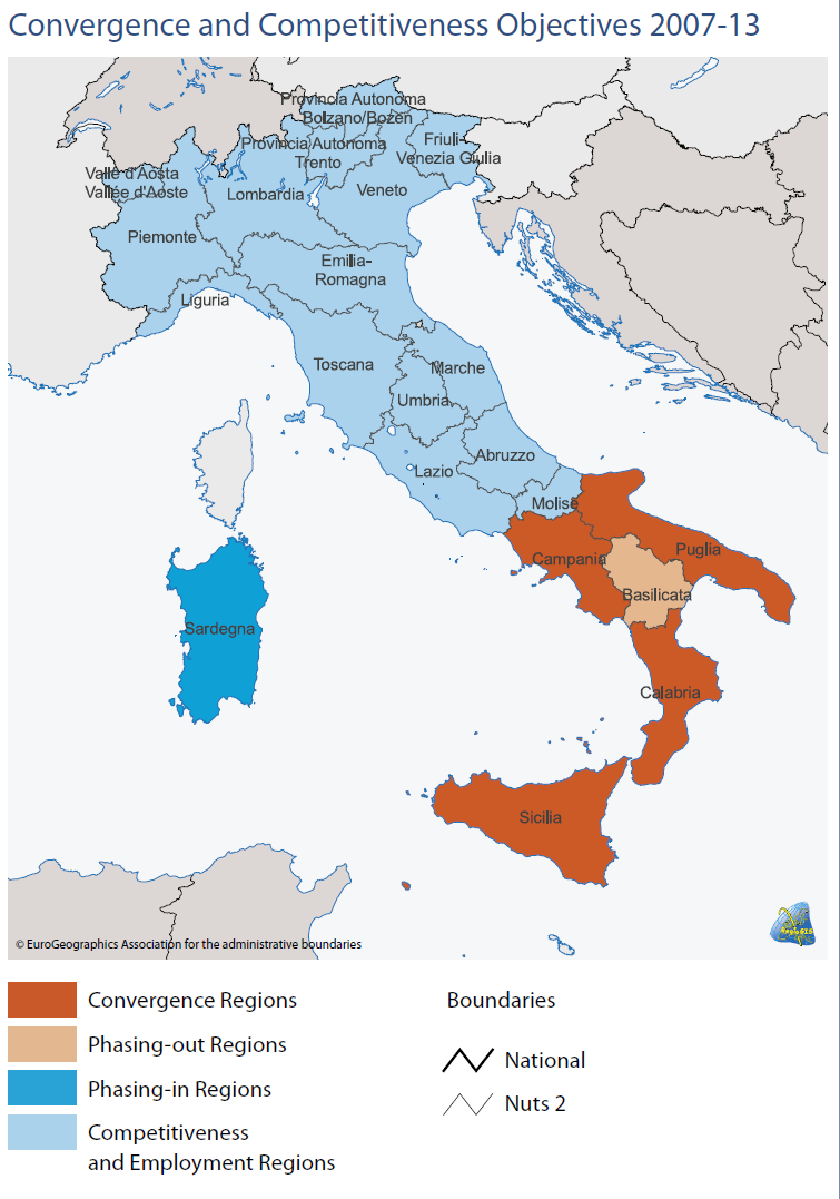 53. ábra: Konvergencia és Versenyképesség régiók Olaszországban (2007-2013.) Forrás: European Commission (2007), 1. o. E keretből 2011.