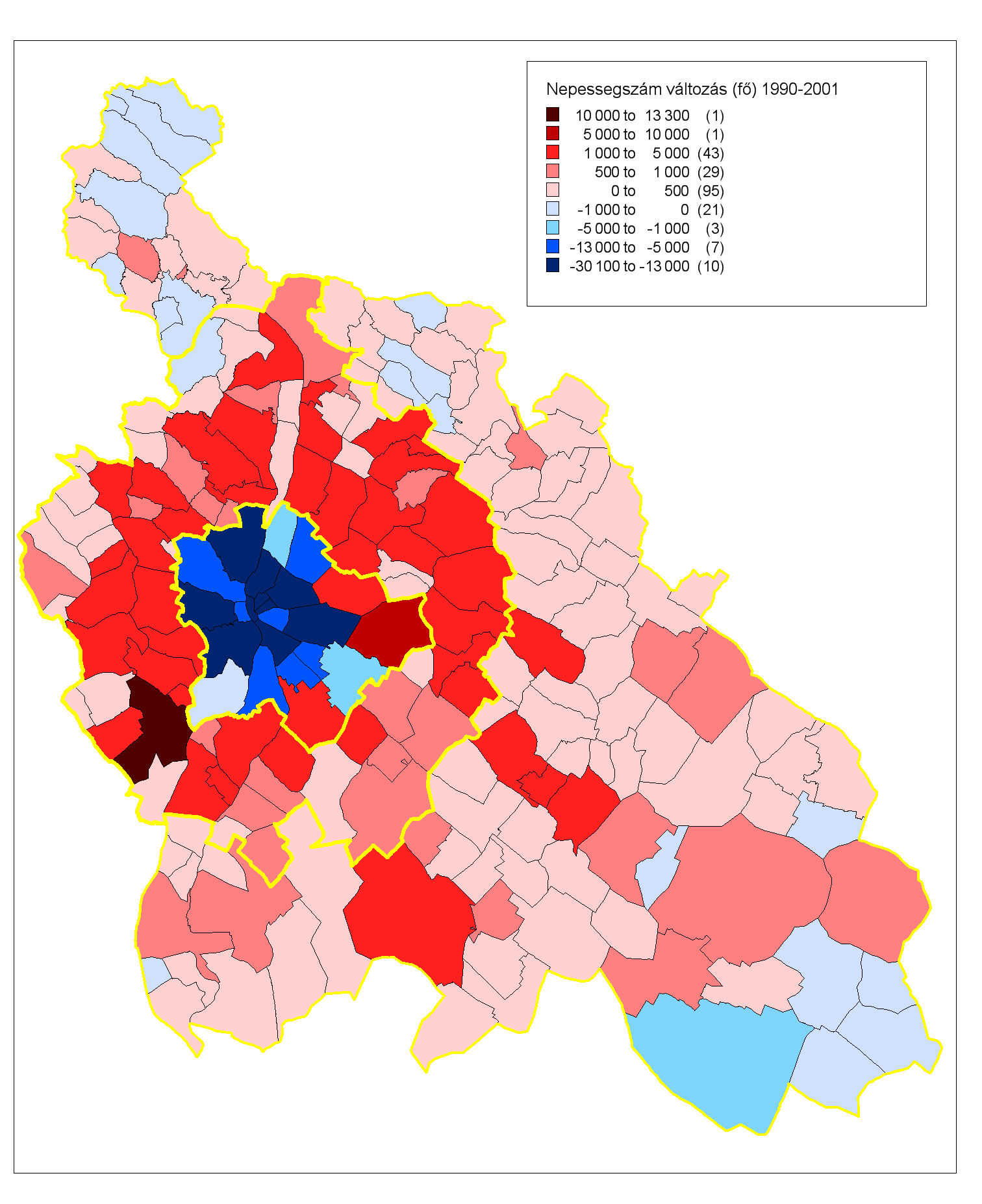 28. ábra: Népességszám változás a Budapesti agglomerációban és Pest