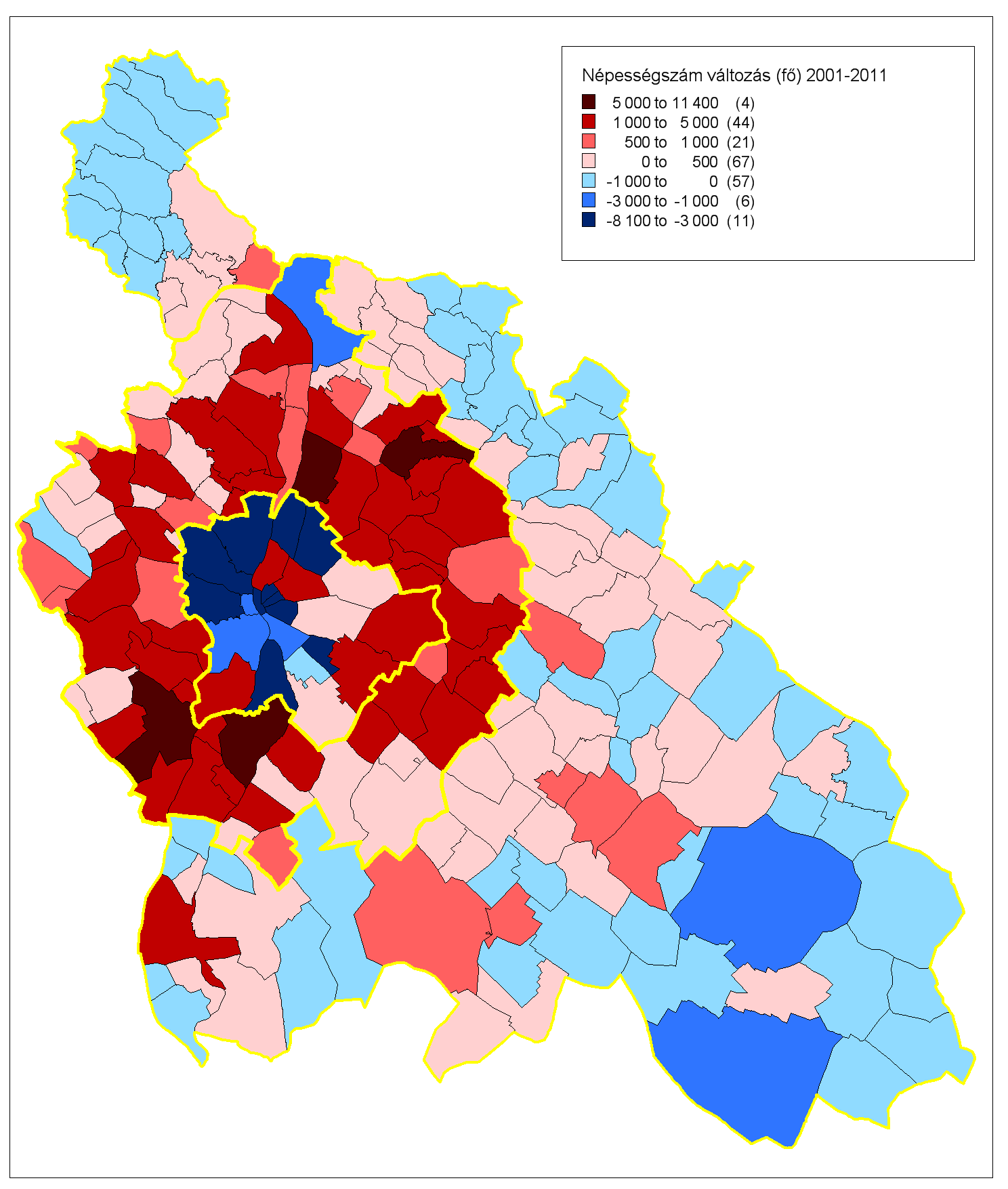 29. ábra: Népességszám változás a Budapesti agglomerációban és Pest