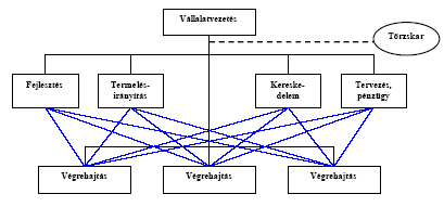 ----: vonal-törzskari kapcsolatok : lineáris (utasításjelentési) kapcsolatok = függelmi kapcsolatok : funkcionális alapú szakmai irányítási kapcsolatok Grochla: a funkcionális szervezeti forma