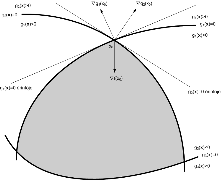 5. SZÜKSÉGES FELTÉTELEK EGYENL½OTLENSÉGI EL½OÍRÁSOK MELLETT Legyen adott az x pont (az ábrában x 0 -al jelöltük), amely a g (x) = 0 és a g (x) = 0 görbék metszéspontjában van.