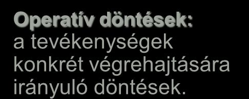 Marketing Innováció Emberi erőforrás Információ Logisztika Termelés Pénzügy A vezetői döntéshozatal hierachikus és Döntéshozók Tulajdonosok és Felsővezetés Középszintű Vezetés Operatív Irányítás