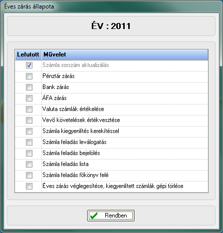 A program a munkafolyamat végeztével a következő üzenetet írja ki: 235. ábra Számla aktualizálás végrehajtása Az Éves zárás állapota menüpontban ellenőrizhetjük a zárás készenléti fokát.