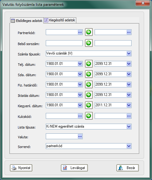 259. ábra Valutás folyószámla lista paraméterek A valuta számlák értékelése menüpont elindítása után csak azokat a számlákat láthatjuk, amelyeket korábban a valutás folyószámla listán a fent említett