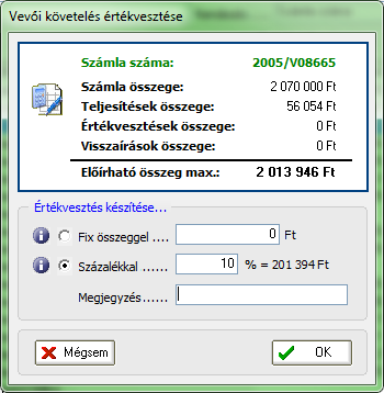 271. ábra Elszámolási mód kiválasztása Az elszámolási mód kiválasztása után megadhatunk Fix összeget, illetve bizonyos százalékot, ami alapján a program kiszámolja, hogy az adott számlánál mennyi az