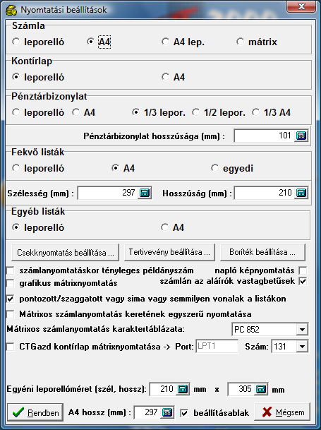 305. ábra Nyomtató beállítás 4.14.9 Teljesített számlák bejelölése A teljesített számlák bejelölése menüpont a szállítói és vevő számla karbantartás menüpontban a színek helyreállítására szolgál. 4.14.10 CompuTREND kapcsolatok Ezeknek a menüpontoknak a segítségével a CompuTREND munkatársaival való kapcsolattartást könnyíthetjük meg.