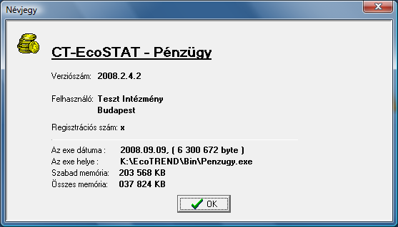 306. ábra Névjegy 4.14.12 Kilépés menüpont Ennek a menüpontnak az elindításakor a programból ki lehet lépni. Ezzel azt érjük el, hogy a program futását leállítjuk, és a képernyőt becsukjuk.