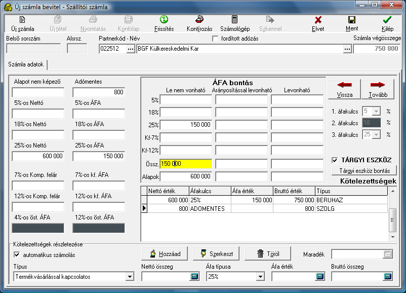 40. ábra Új számla bevitel A TOVÁBB gombra kattintva a táblázatban a számla végösszegének részletes megadása következik.