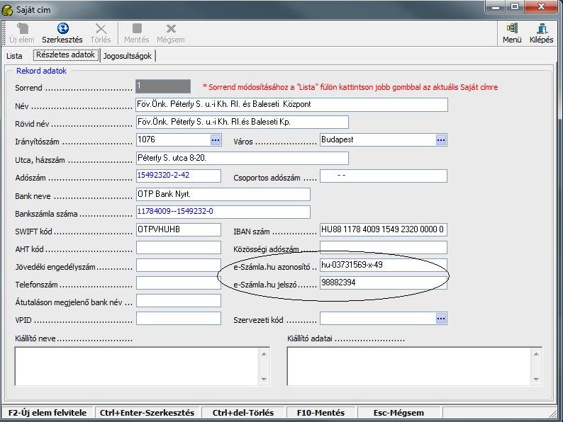 77. ábra E - számla azonosítók kitöltése Ekkor a program már be fog tudni jelentkezni az E - Számla rendszerébe, hogy lekérdezze a beérkezett számlákat.