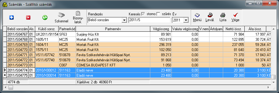 84. ábra Számla adatok egyeztetése Ekkor a számlák bekerülnek a Szállítói számlák közé és az átvétel előtti bizonylatszámot Külső sorszámkánt hozzák magukkal. A számlák átvételre kerültek. 85.