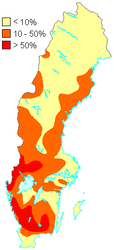 73. ábra A savas tavak aránya Svédországban (1990). A helyzet napjainkban sem javult.
