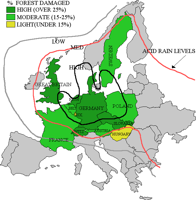 77. ábra Erdıkárok Európában Sárga: enyhe (15% alatti) Világos zöld: közepes (15-25%) Sötét