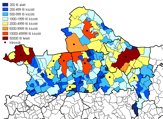 délre eső területen fekszik az 1.000 fő alatti települések háromnegyede. Az északi részen fekvő településeinek döntő többsége 2.000 fő feletti (13. ábra). 13.