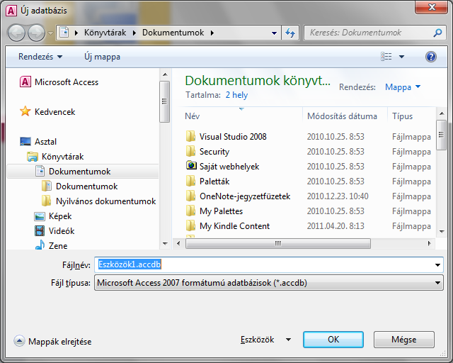 AZ ALKALMAZÁS HASZNÁLATA 55 4. A következő ablakban a Fájlnév mezőben adjunk nevet az új adatbázisnak (nem kötelező, elfogadhatjuk a felajánlott eszközök.accdb nevet)! 5. Ha új tárolási helyet adnánk meg, akkor a Megnyitás ikonnal megjelenített párbeszédpanelen adjuk meg a Fájlnév mezőben megadott adatbázis elérési útját (lásd a 30.