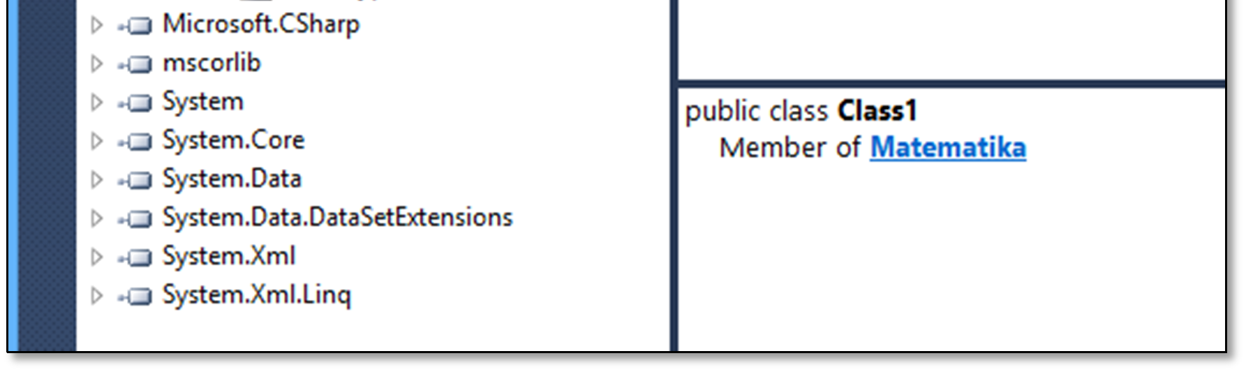 27. Szerelvények Néhány kattintással az Object Browser ablakban láthatóvá válik, hogy ebben a DLL-ben van egy Matematika névtér (a bal oldali fában ikon jelzi a névteret), illetve jobb alul a member