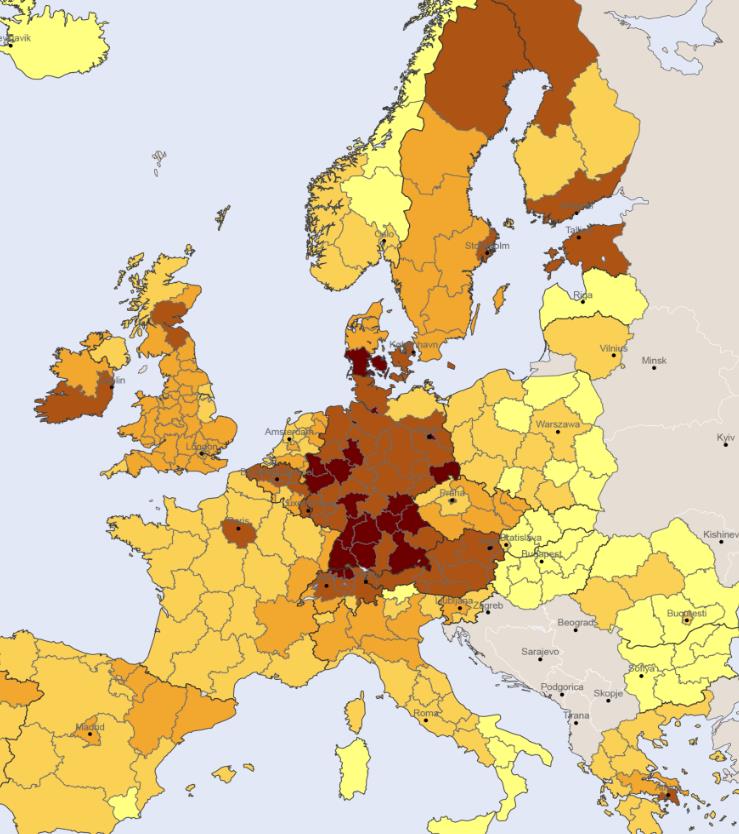 Bulgária és Románia EU-ba való belépése előtt, Kelet-Szlovákia (SK04) mindkét kerülete és Észak-Magyarország (HU31) az EU25 254 NUTS-2 listáján a tíz legalacsonyabban értékelt régió között