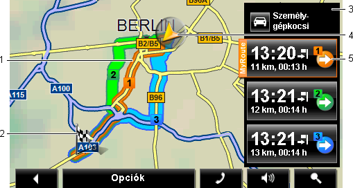 1 Ha a MyRoutes funkció aktív, akkor a térképen maximum három, számozott útvonal jelenik meg különböző színnel (narancssárga, zöld, kék) jelölve.