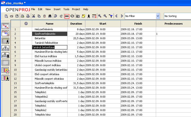 6. ábra Projekt/Projekt adatai Duplán kattintva a tevékenységre szerkeszthetjük a kapcsolat jellegét.