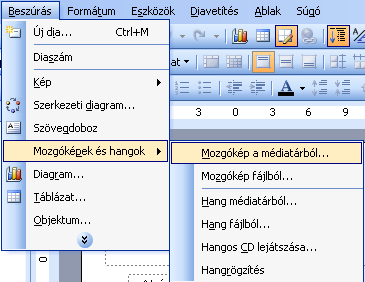 Multimédiás elemek beszúrása A program lehetőséget ad arra, hogy hangot, vagy videót helyezzünk el prezentációban. Nem minden formátumot képes elfogadni sajnos, így okozhat problémát.
