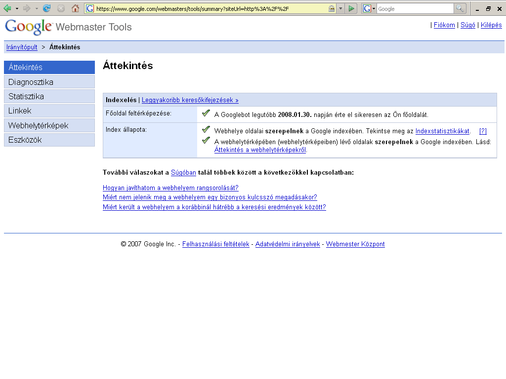 3.ábra: A Google Webmaster Tools áttekintő felülete 4 Az internetes keresők tanítása 4.