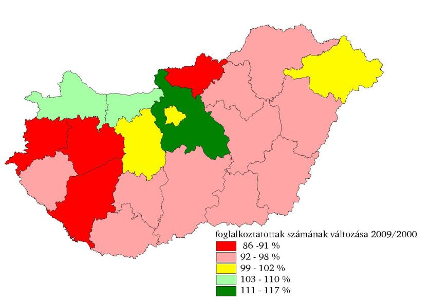 4. Foglalkoztatási helyzet a megyékben Forrás: saját szerkesztés a KSH adatai alapján 8. ábra: A foglalkoztatottak számának változása 2009/2000 A 8.