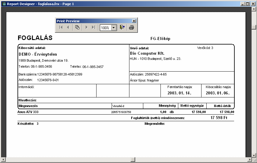 ELŐKÉP Az Előkép nyomógombbal az elkészített bizonylataink nyomtatási képét tekinthetjük meg. A nyomtatási kép nem jelenti a bizonylat rögzítését, ezért még sorszáma sincs.