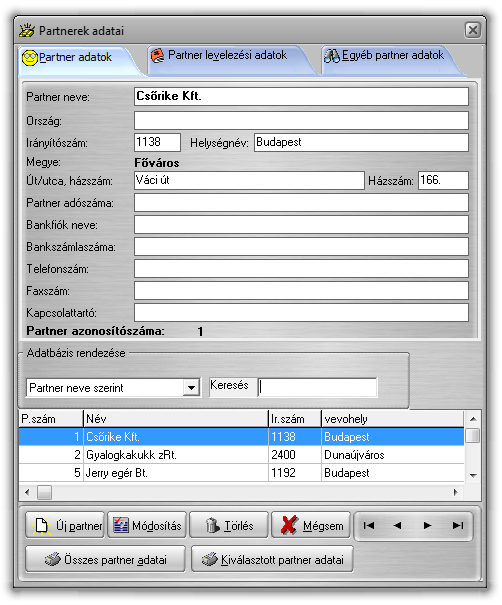 43. ábra: Vevők / Partnerek adatai ablak A második fülön található levelezési adatok célját nem kell különösebben magyarázni.