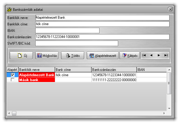 Bankszámlaszám adatok Mivel a számlázó programban lehetőség van több bankszámlaszám kezelésére is, ezért ebben a menüpontban menedzselhetjük a bankszámlaszám adatokat, lásd. 61 ábra.