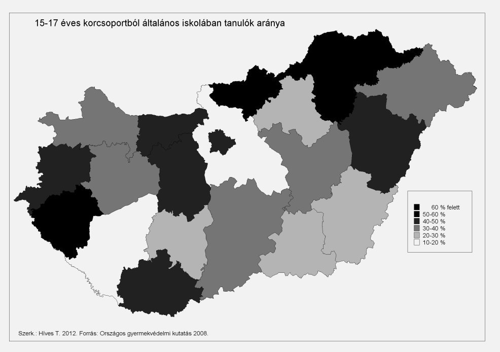 között. Bár e két térség társadalmi és gazdasági helyzete sok tekintetben hasonló, mégis a középfokon tapasztalható túlkorosság tekintetében nagy különbséget tapasztaltunk.