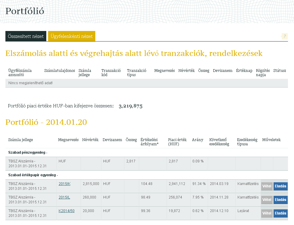 5. Portfólió áttekintés Ebben a menüpontban megtekintheti ügyfélszámlájának aktuális egyenlegét, szabad és zárolt bontásban a pénzegyenlegét és értékpapír állományait, valamint allokációs számlájának