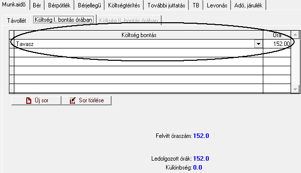 Automatikus költségbontás óraszám korrigálása távollét esetén: Amennyiben a Költség bontás órában engedélyezett funkció beállításra került, s ezáltal az adott dolgozó számfejtésén belül óra szerinti