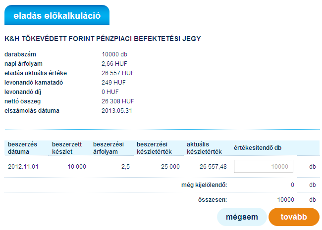 12.3.2 befektetési jegy eladás Ez az oldalon adhat megbízást az értékpapír számláin elhelyezett befektetési jegyek eladására.