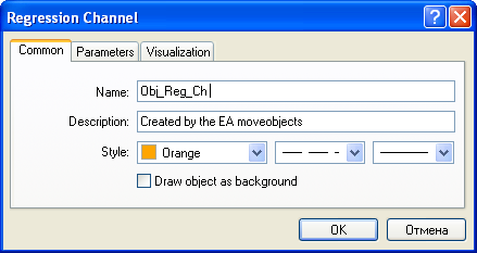 138. ábra. A moveobjects.mq4 EA által létrehozott lineáris regressziós csatorna grafikus objektum általános tulajdonságai.