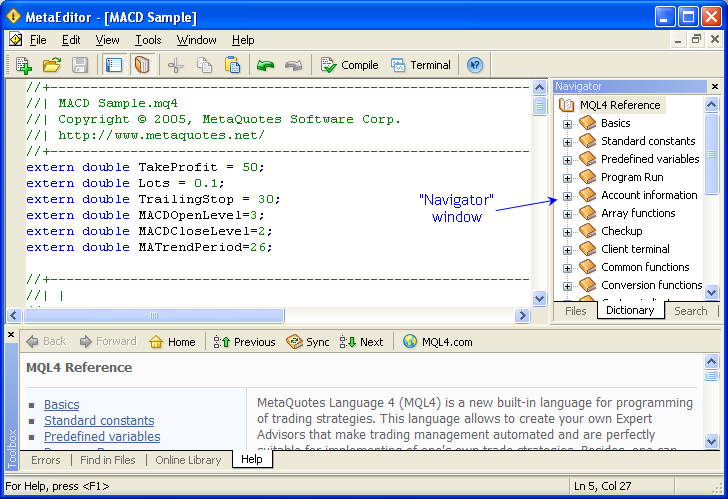 Programok létrehozása és használata A MetaEditor segítségével MQL4-ben írt alkalmazási programokat, Expert Advisort, scripteket és indikátorokat hozunk létre. A Meta Editor (MetaEditor.